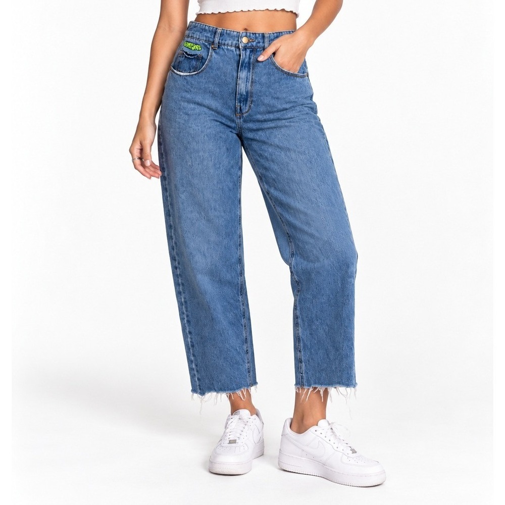 Empyre Tori High Waisted Skate Jeans Medium Wash Blue Raw Hem Size 5
